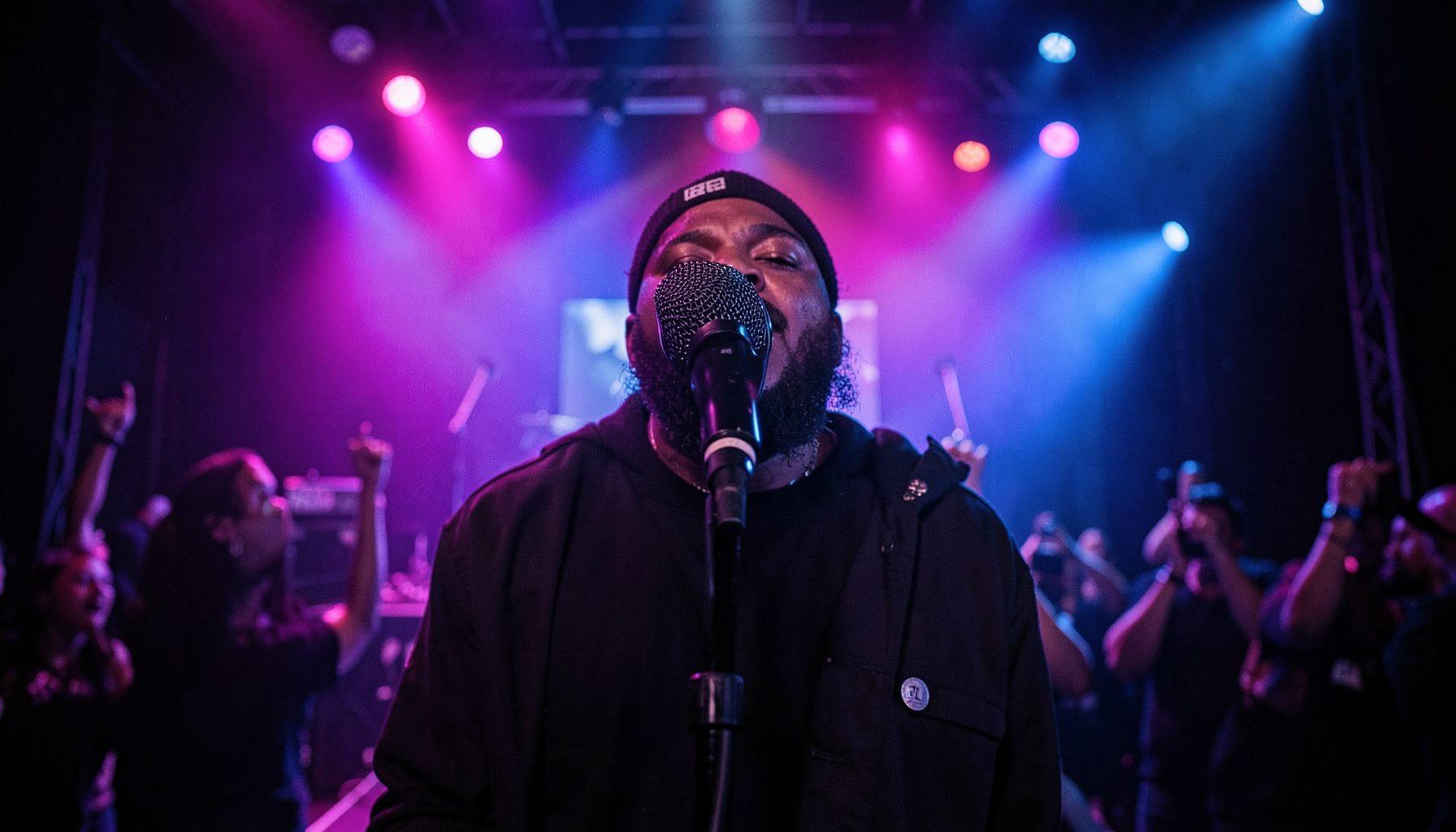 Cena noturna de palco com luzes roxas e azuis, microfone em primeiro plano, atmosfera de show de rap