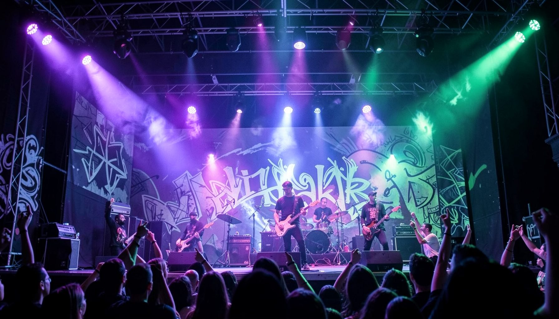 Cena urbana estilizada em tons roxo e verde-azulado, com grafite abstrato e luzes de palco sugerindo rap e música ao vivo, atmosfera vibrante e acolhedora
