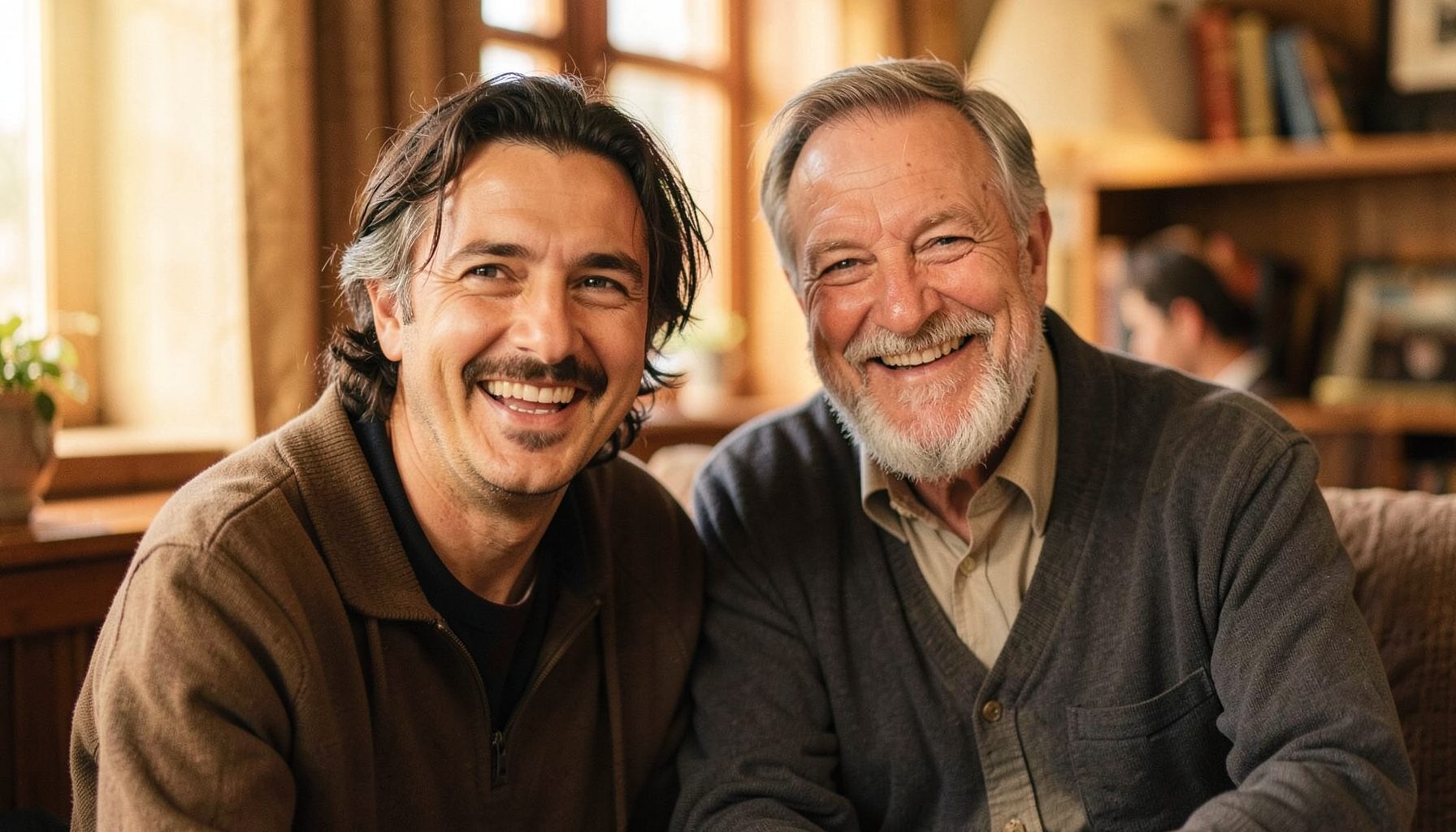 Foto de Lello ao lado de Gabriel O Pensador, ambos sorrindo em um ambiente descontraído, tons quentes e acolhedores