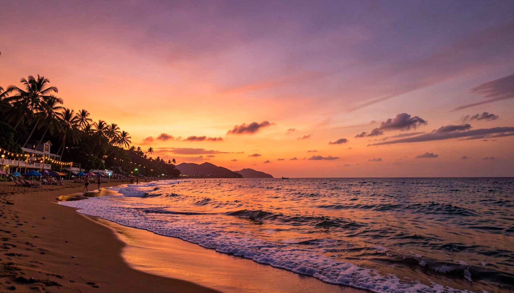 Praia de Ipanema ao entardecer, céu em tons de laranja e roxo, ondas suaves, atmosfera nostálgica de luau