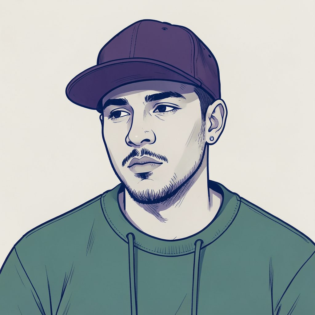 Retrato desenhado em estilo simples de um rapper carioca com boné, em tons de roxo escuro e verde-azulado, expressão pensativa, fundo neutro claro