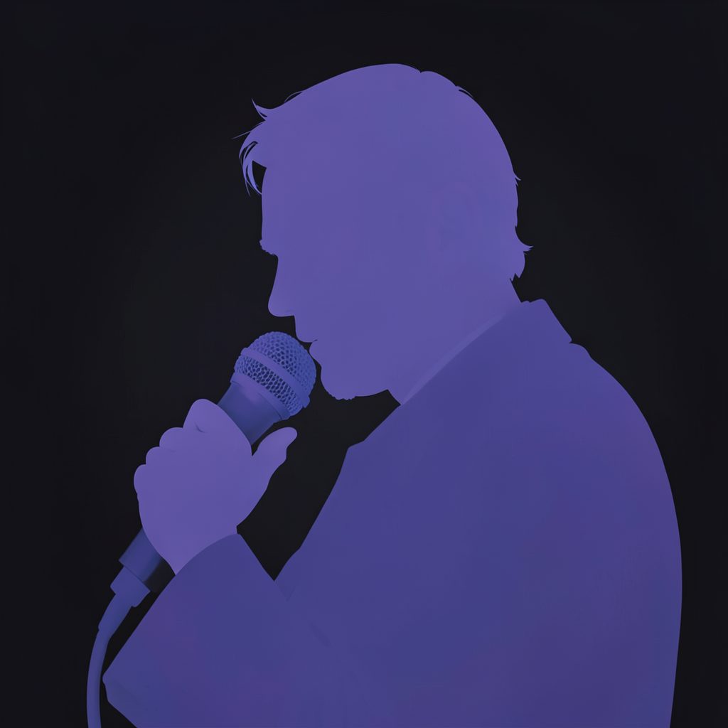 Silhueta de Gabriel O Pensador em tons de roxo e azul, com microfone, sobre fundo escuro
