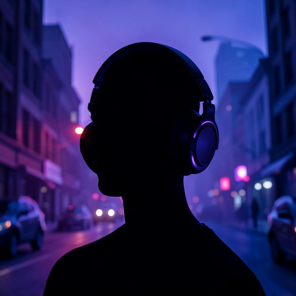 Silhueta de um microfone com fones de ouvido, tons de roxo e azul, atmosfera urbana e musical