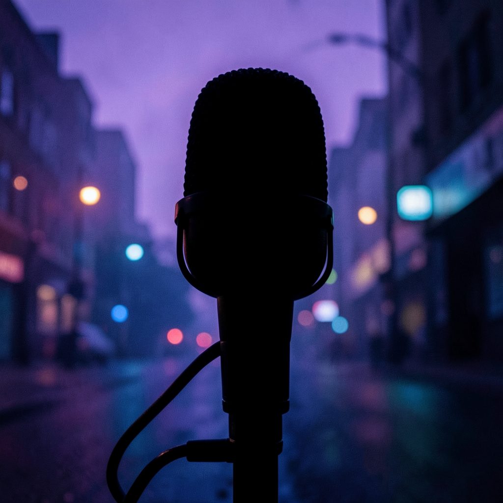 Silhueta escura de um microfone sobre fundo degradê roxo e azul, com atmosfera urbana e noturna