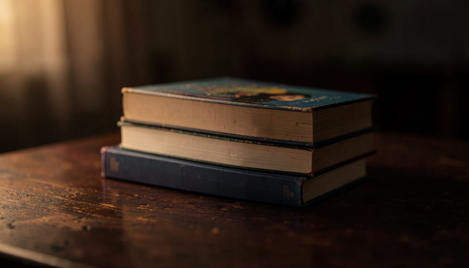 Três livros empilhados sobre uma mesa de madeira escura, iluminados por luz suave e quente, com atmosfera intimista de leitura